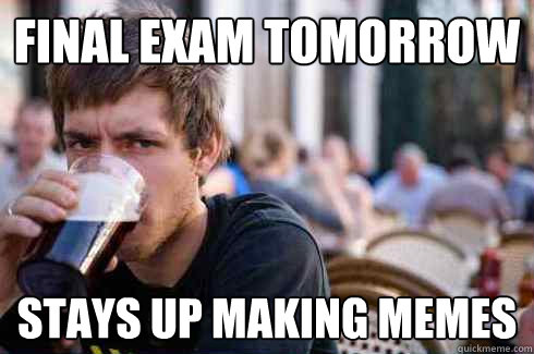 Final Exam Tomorrow Stays up making memes  Lazy College Senior