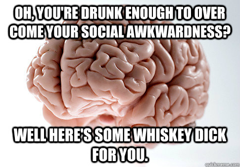 Oh, you're drunk enough to over come your social awkwardness? well here's some whiskey dick for you.  Scumbag Brain