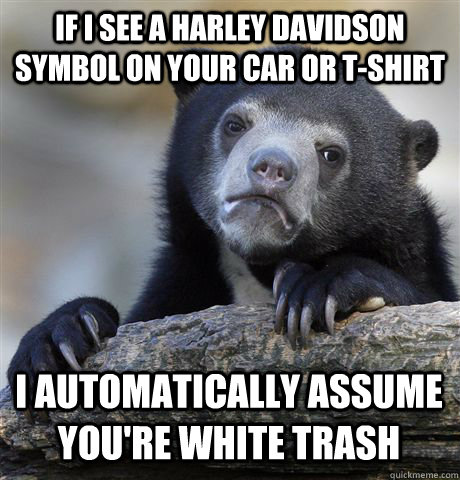 IF I SEE A HARLEY DAVIDSON SYMBOL ON YOUR CAR OR T-SHIRT I AUTOMATICALLY ASSUME YOU'RE WHITE TRASH  Confession Bear