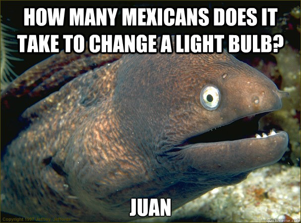 How many mexicans does it take to change a light bulb? Juan - How many mexicans does it take to change a light bulb? Juan  Bad Joke Eel