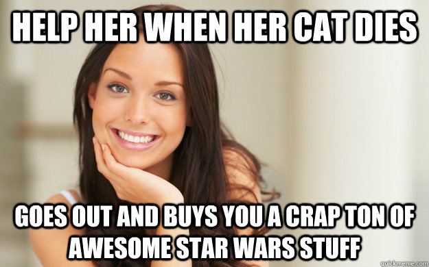 Help her when her cat dies goes out and buys you a crap ton of awesome Star Wars stuff  Good Girl Gina