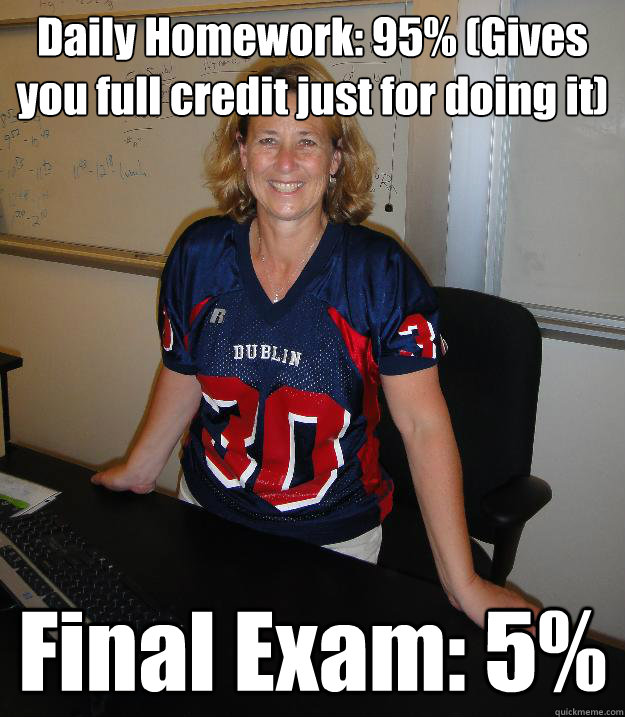 Daily Homework: 95% (Gives you full credit just for doing it) Final Exam: 5%  Helpful High School Teacher