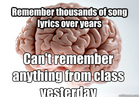 Remember thousands of song lyrics over years Can't remember anything from class yesterday   Scumbag Brain