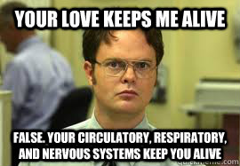 Your love keeps me alive FALSE. your circulatory, respiratory, and nervous systems keep you alive  Dwight False