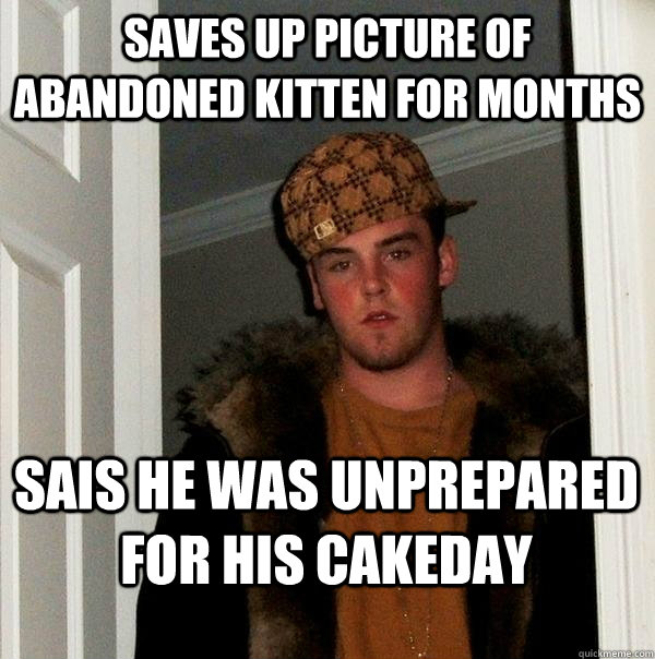 Saves up picture of abandoned kitten for months sais he was unprepared for his cakeday  Scumbag Steve