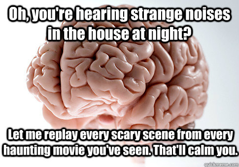 Oh, you're hearing strange noises in the house at night? Let me replay every scary scene from every haunting movie you've seen. That'll calm you.  - Oh, you're hearing strange noises in the house at night? Let me replay every scary scene from every haunting movie you've seen. That'll calm you.   Scumbag Brain