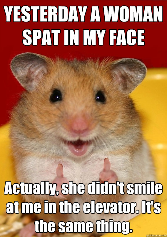 YESTERDAY A WOMAN SPAT IN MY FACE Actually, she didn't smile at me in the elevator. It's the same thing.  - YESTERDAY A WOMAN SPAT IN MY FACE Actually, she didn't smile at me in the elevator. It's the same thing.   Rationalization Hamster