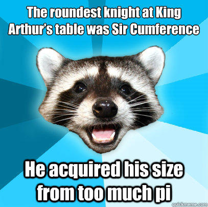 The roundest knight at King Arthur’s table was Sir Cumference He acquired his size from too much pi  