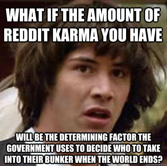 What if the amount of reddit karma you have will be the determining factor the government uses to decide who to take into their bunker when the world ends?  conspiracy keanu