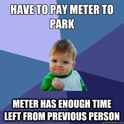 Have to pay meter to park Meter has enough time left from previous person  Success Kid