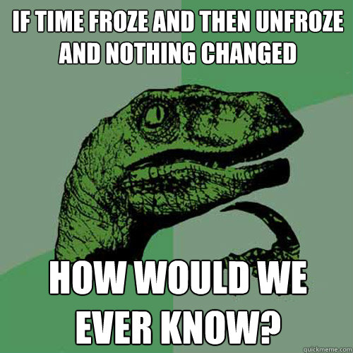 If time froze and then unfroze and nothing changed how would we ever know?  Philosoraptor