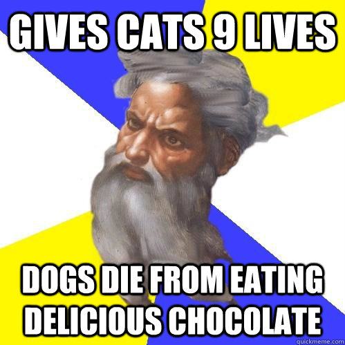 Gives cats 9 lives Dogs die from eating delicious chocolate  Advice God