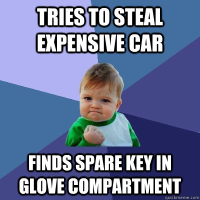 Tries to steal expensive car Finds spare key in glove compartment  Success Kid