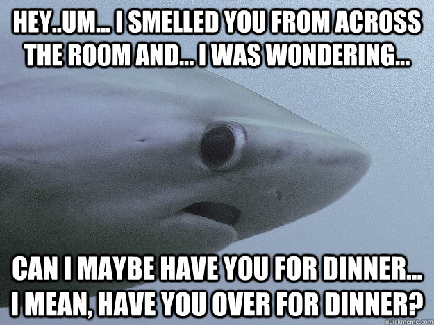 hey..um... i smelled you from across the room and... I was wondering... can i maybe have you for dinner... i mean, have you over for dinner?  Shy Shark