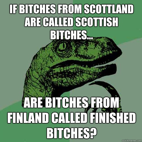 If bitches from scottland are called Scottish bitches... Are bitches from Finland called Finished Bitches?  Philosoraptor
