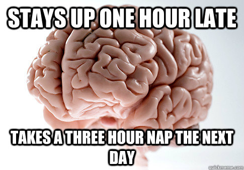 Stays up one hour late  takes a three hour nap the next day  Scumbag Brain