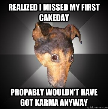 REALIZED I MISSED MY FIRST CAKEDAY PROPABLY WOULDN'T HAVE GOT KARMA ANYWAY  Depression Dog