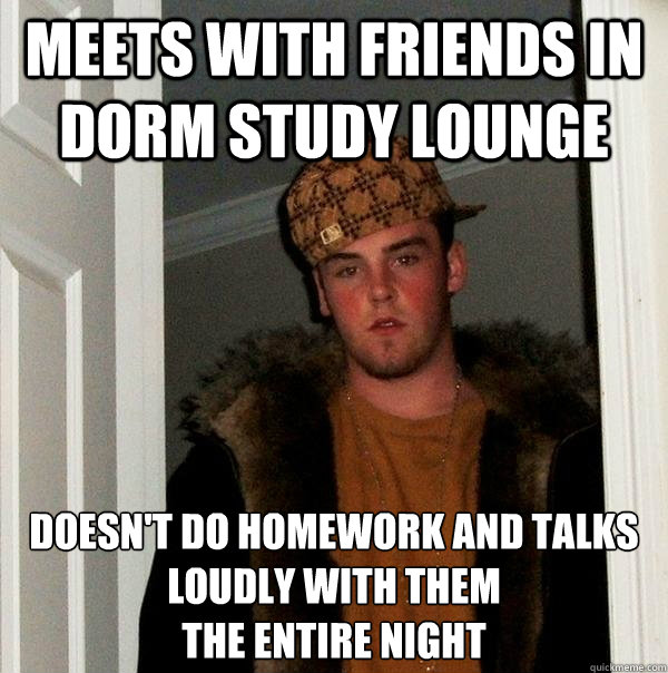 Meets with friends in dorm study lounge doesn't do homework and talks loudly with them
the entire night  Scumbag Steve