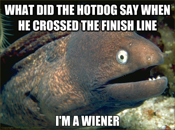 what did the hotdog say when he crossed the finish line I'm a wiener   Bad Joke Eel