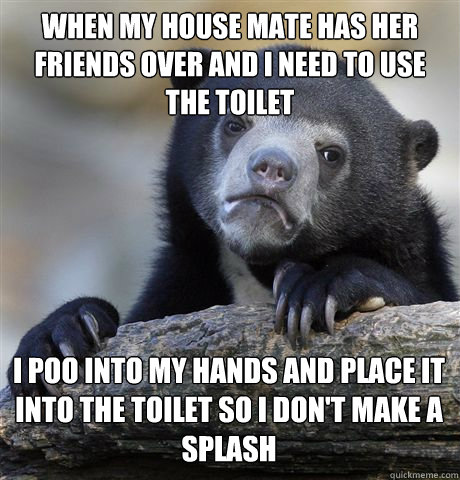 when my house mate has her friends over and i need to use the toilet  i poo into my hands and place it into the toilet so i don't make a splash  Confession Bear