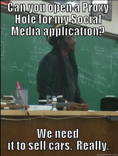 CAN YOU OPEN A PROXY HOLE FOR MY SOCIAL MEDIA APPLICATION? WE NEED IT TO SELL CARS.  REALLY. Rasta Science Teacher