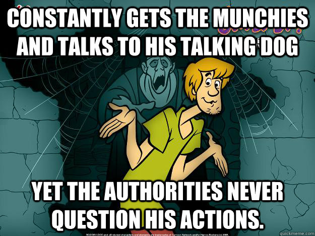 Constantly gets the munchies and talks to his talking dog Yet the authorities never question his actions.  Irrational Shaggy