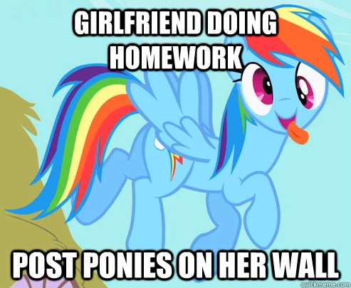 Girlfriend doing homework Post Ponies on her wall  Rainbow Dash