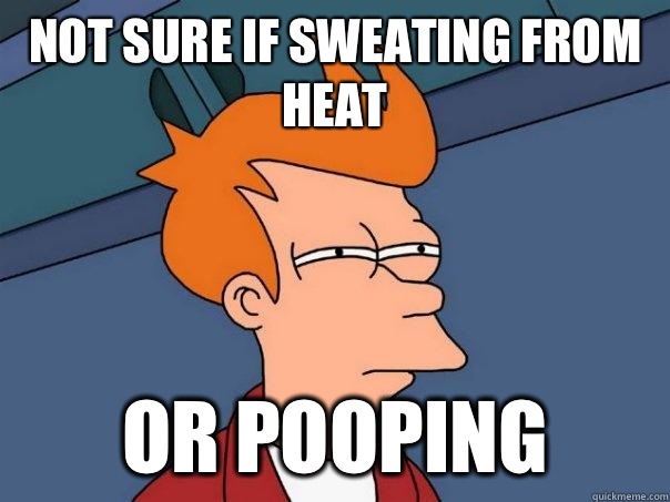 not sure if sweating from heat Or pooping - not sure if sweating from heat Or pooping  Futurama Fry