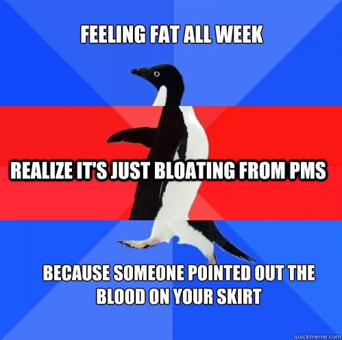 Feeling fat all week Realize it's just bloating from pms because someone pointed out the blood on your skirt
  Socially Awkward Awesome Awkward Penguin