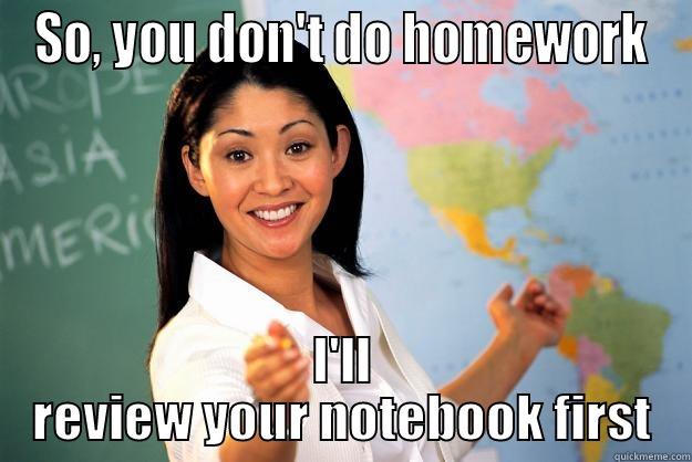 SO, YOU DON'T DO HOMEWORK I'LL REVIEW YOUR NOTEBOOK FIRST Unhelpful High School Teacher