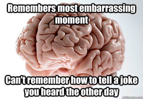 Remembers most embarrassing moment Can't remember how to tell a joke you heard the other day  - Remembers most embarrassing moment Can't remember how to tell a joke you heard the other day   Scumbag Brain