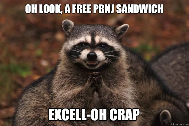 Oh look, a free pbnj sandwich Excell-oh crap - Oh look, a free pbnj sandwich Excell-oh crap  Evil Plotting Raccoon