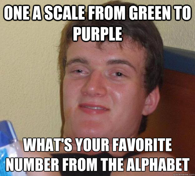 One a scale from green to purple What's your favorite number from the alphabet   10 Guy