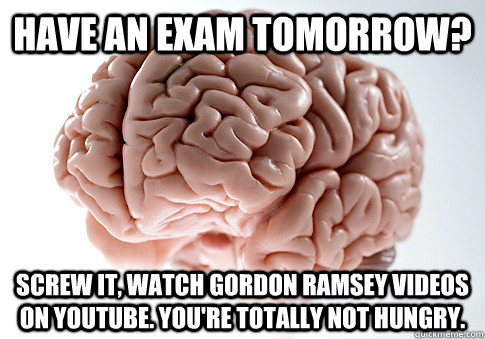 Have an exam tomorrow? screw it, watch Gordon Ramsey videos on Youtube. You're totally not hungry.  Scumbag Brain