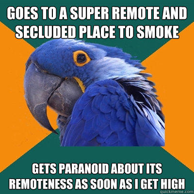 Goes to a super remote and secluded place to smoke gets paranoid about its remoteness as soon as i get high   