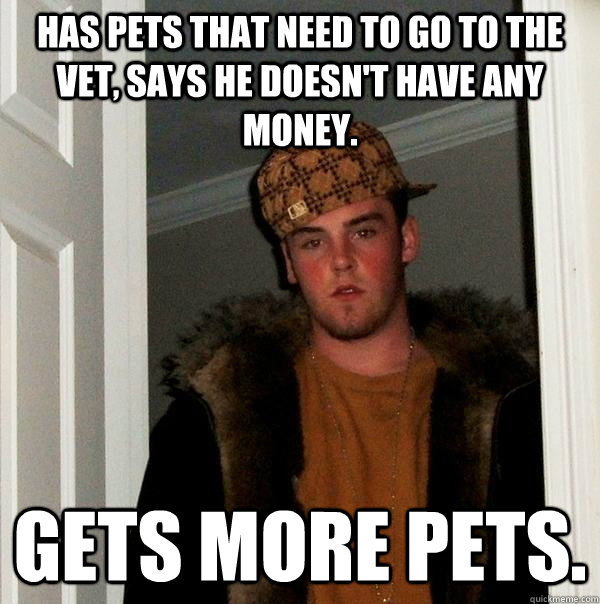 Has pets that need to go to the vet, says he doesn't have any money. Gets more pets.  Scumbag Steve