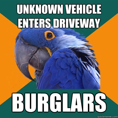 Unknown vehicle enters driveway Burglars - Unknown vehicle enters driveway Burglars  Paranoid Parrot