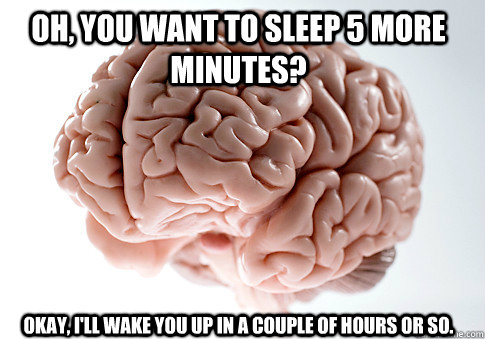 Oh, you want to sleep 5 more minutes? Okay, I'll wake you up in a couple of hours or so.  Scumbag Brain