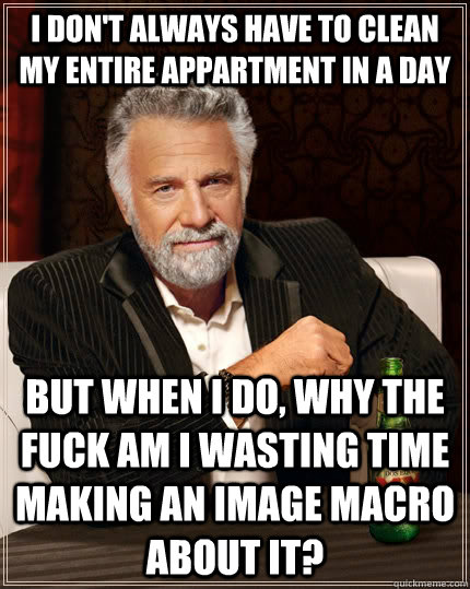 I don't always have to clean my entire appartment in a day but when I do, Why the fuck am I wasting time making an image macro about it?  The Most Interesting Man In The World