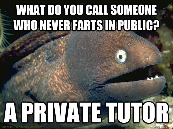 what do you call someone who never farts in public? a private tutor - what do you call someone who never farts in public? a private tutor  Bad Joke Eel