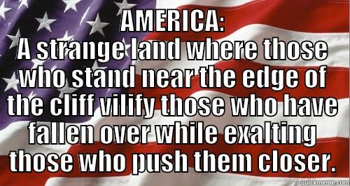  AMERICA: A STRANGE LAND WHERE THOSE WHO STAND NEAR THE EDGE OF THE CLIFF VILIFY THOSE WHO HAVE FALLEN OVER WHILE EXALTING THOSE WHO PUSH THEM CLOSER. Almost Politically Correct Redneck