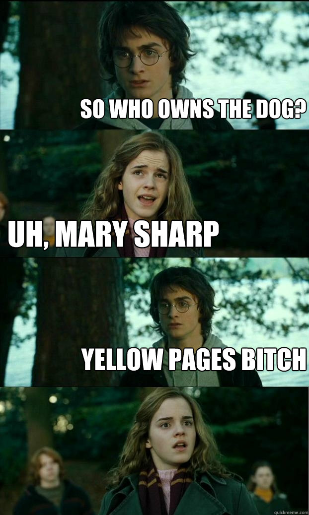 So who owns the dog? uh, Mary sharp Yellow pages bitch  Horny Harry