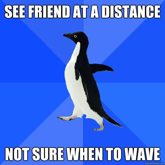 See friend at a distance not sure when to wave  Socially Awkward Penguin