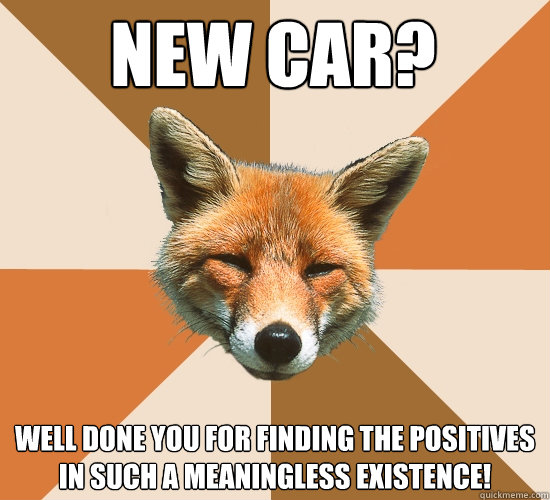 New car? Well done you for finding the positives in such a meaningless existence!  Condescending Fox