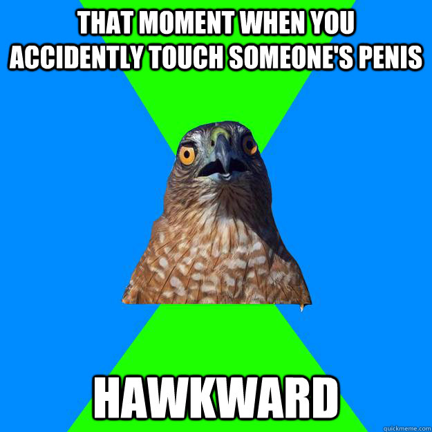 That moment when you accidently touch someone's penis HAWKWARD  Hawkward