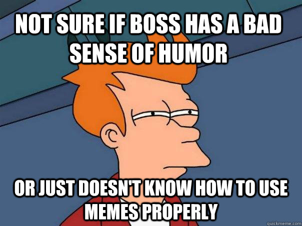 Not sure if boss has a bad sense of humor or just doesn't know how to use memes properly  Futurama Fry