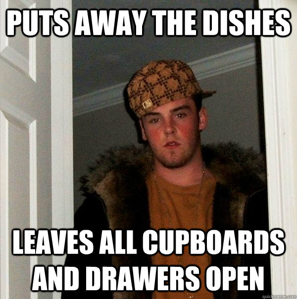 Puts away the dishes Leaves all cupboards and drawers open  Scumbag Steve