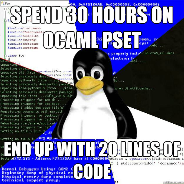 Spend 30 hours on ocaml pset end up with 20 lines of code  Computer Science Penguin