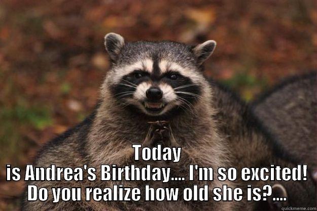  TODAY IS ANDREA'S BIRTHDAY.... I'M SO EXCITED! DO YOU REALIZE HOW OLD SHE IS?.... Evil Plotting Raccoon