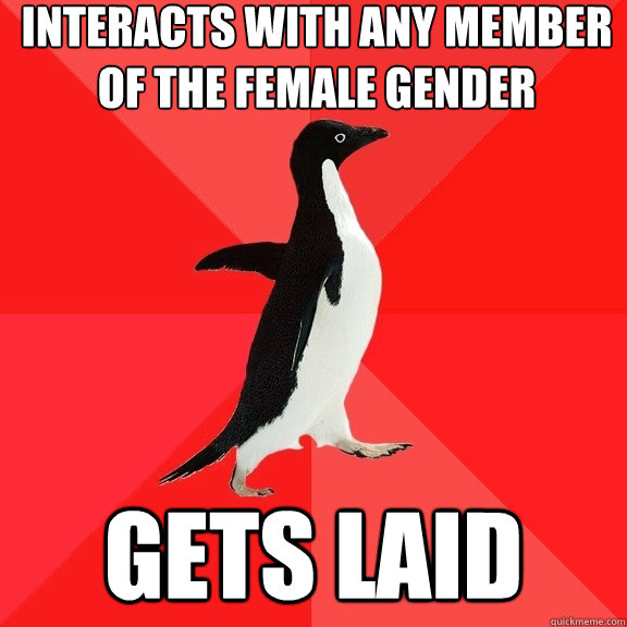 interacts with any member of the female gender Gets Laid  Socially Awesome Penguin